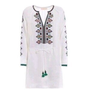 Tory Burch Embroidered Summer Linen Mini White Boho Dress V‎ Neck Womens Size M